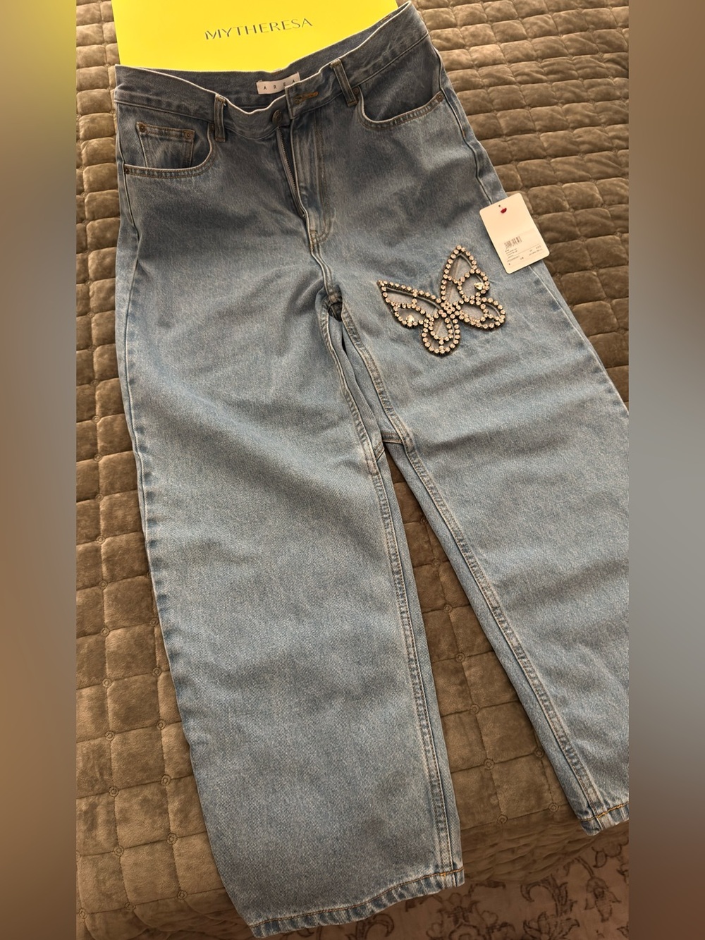 AREA Light Blue Straight-Leg Jeans with Rhinestone Butterfly Size 8 US